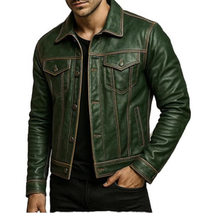 Blouson de motard en cuir véritable pour homme, col mandarin, fermeture éclair sur le devant, logo, décontracté, réversible, coupe classique, pour l'automne - Product Image 1