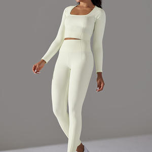 Gran oferta, conjunto de pantalones cortos de gimnasio de cintura alta para mujer, mallas de Yoga con patrón sólido para entrenamiento físico, diseño acanalado - Product Image 1