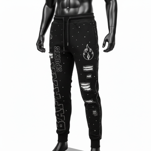 Pantalones Jogger MePremium para Hombre, 320 GSM, Felpa de Algodón, con Paneles Desgastados, Detalles de Pedrería, Bordado de Llamas, Lavados - Product Image 2