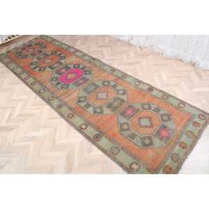 Turkish Vintage <b>Runner</b> <b>Rug</b> 4x12.8 ft (122x390 cm), Orange Bordered <b>Rug</b> - Product Image 3