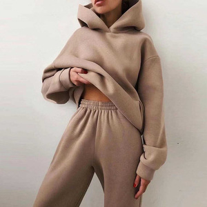 2025 Custom LOGO Blank <b>Women</b> 2 Piece Set Cropped Sweatshirt Long Sleeve Solid Hoodie and Sweatpants Set for <b>Women</b> - Product Image 2