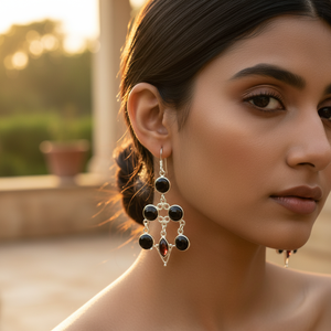 ต่างหูเงินแท้ 925 ประดับพลอยแบล็คออนิกซ์ ดีไซน์แบบโคมระย้า เครื่องประดับแฟชั่นสำหรับผู้หญิง - Product Image 2