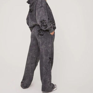 2025 ácido lavado sol se desvaneció desgastado bordado acampanado traje de chándal de hombre 100% algodón para chándal Unisex chándales para hombres - Product Image 2