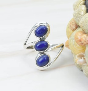 Lapislázuli Natural 3 piedras lisas forma ovalada anillo de piedras preciosas 925 anillo de plata esterlina joyería para mujeres a precio al por mayor a granel - Product Image 6