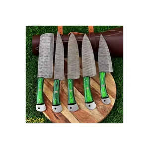 Ensemble de 5 couteaux de chef en acier damas faits à la main sur mesure avec kit en cuir Couteau de chef en bois Pakka Couteaux à fruits