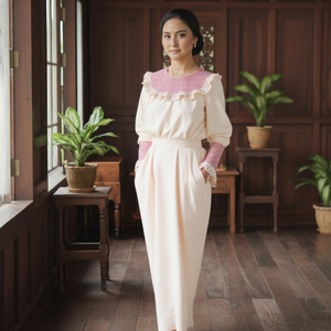 Robe Baju Kurung vintage brodée, écologique, motif géométrique, traîne balayante, sans repassage, en crêpe Cey moderne, épaules bouffantes - Product Image 4