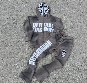 Custom Embroidery Distressed Streetwear High Quality Cotton Patch Sun Faded Full Face Vintage Zip up Hoodie Stacked <b>Tracksuit</b> - Product Image 3