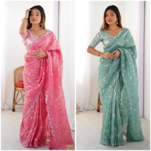 Sari moderne micro-travaillé avec un haut en tissu or froissé et un lehenga choli intérieur pour les fêtes - Séchage rapide - Product Image 1