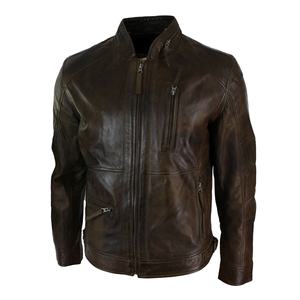Servicio OEM de alta calidad personalizado moda hombres cuello marrón Color sólido chaquetas de cuero genuino para hombres - Product Image 2