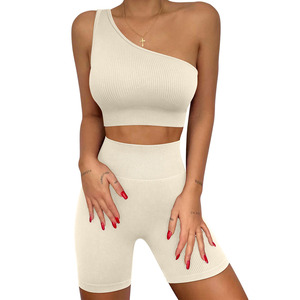 Femmes sans couture coupe ajustée Yoga une épaule Sport soutien-gorge deux pièces ensemble court nouveau Design léger Gym Fitness ensembles - Product Image 1