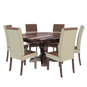 Ensemble de table à manger ronde pliable moderne de luxe en bois de teck massif avec piédestal et 6 chaises rembourrées pour hôtel et villa - Product Image 4