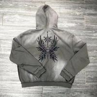 Sweat-shirt d'hiver personnalisé pour homme en molleton épais délavé à l'acide, coupe oversize, avec appliqué, double fermeture éclair, strass, effet usé et broderie