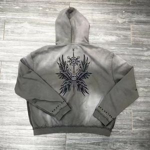 Custom Men's Winter Heavyweight Terry Acid Wash Oversized Applique Double Zipper Rhinestone Distressed Rip Embroidered - Product Image 3