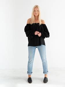 Blusa de lino negra personalizada ajustada con hombros descubiertos, blusa occidental de verano con cuello Halter y manga completa, talla grande disponible - Product Image 4