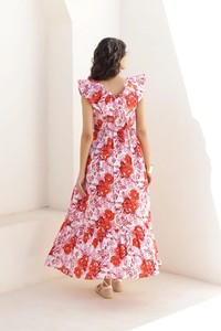 แม็กซี่ยาวลำลองสำหรับผู้หญิงเสื้อผ้าฝ้ายลายดอกไม้สีแดง, เสื้อผ้าแนวสตรีทผ้าคอตตอน100% ๆซักได้ - Product Image 5