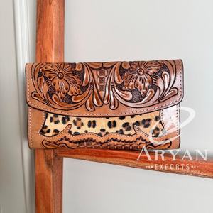 Cartera tallada a mano, funda de teléfono de embrague, elegante cartera con estampado de leopardo, multiusos, carteras de cuero genuino occidental para mujer - Product Image 1