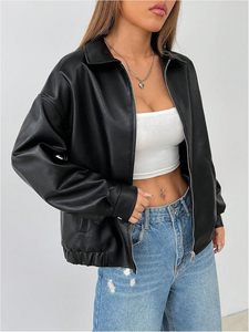 Chaqueta de piel sintética con cremallera para mujer, abrigo de manga larga con hombros caídos - Product Image 2