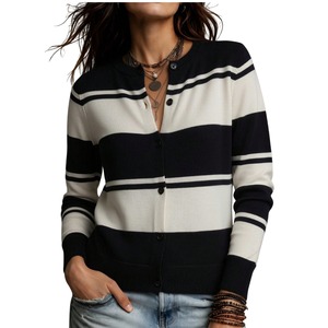 Women Striped Knit <b>Cardigan</b> <b>Sweater</b> Long Sleeve Button Front Round Neck Casual Fashion Top For Daily Office And Elegant Wear - Product Image 1