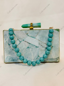 Amazonite Gemstone Panel <b>Clutch</b> with Natural Stone Handle Gold Tone Metal Frame Handcrafted Statement Bag for parties <b>weddings</b> - Product Image 4