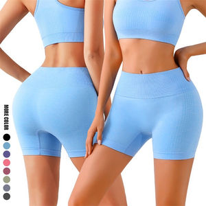 Trois quarts Fitness Yoga Shorts haute mat Nylon trois sections taille froncé hanche-levage sans couture solide soutien-gorge ensemble respirant - Product Image 2