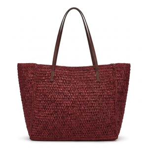 Bohemian Crochet <b>Raffia</b> <b>Tote</b> Bag with Cotton Lining Tassel Solid Color Red Leather Handles Open Top Summer Beach Women's Handbag - Product Image 1