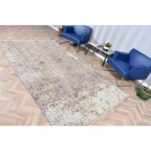 Alfombra vintage de 5.8x9.4 pies, alfombra turca grande, alfombra de lana con motivos de plantas y árboles azules - Product Image 3