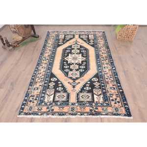 Alfombra Turca de 4x6.5 pies, Alfombra Vintage con Diseño Floral Azul - Product Image 1