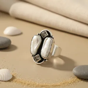 Bague Cocktail Géométrique en Argent 925 avec Perle d'Eau Douce, Incrustation de Pierre Naturelle, Sertissage Clos, Style Bohème, Plaqué Rhodium, Unisexe - Product Image 2