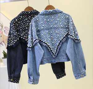 แจ็คเก็ตยีนส์สีน้ำเงินทรงโอเวอร์ไซส์สำหรับผู้หญิง แต่งชายเสื้อแบบรุ่ย แขนยาว เหมาะสำหรับฤดูใบไม้ร่วง ประดับมุกและโลโก้ ลายเรียบ - Product Image 6