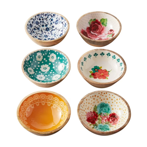 Bol en bois imprimé 6-PCS tailles moyennes de bol imprimé de conception différente antique pour le bol de serveur de salade - Product Image 1