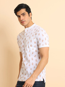 Camiseta con cuello Mandarín de alta calidad, 100% algodón, Media manga, ajuste Regular, diseño único de bolsillo de hueso, cómodo para uso diario - Product Image 4