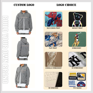 <b>Men</b> Full Zip up Hoodie Custom Logo Cotton French Terry Puff Print High Quality Heavyweight Vintage Acid Wash Zip up Hoodie - Product Image 3