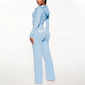 เสื้อครอปแจ็คเก็ตแบบลำลองมีฮู้ดและกางเกงพลุกระดิ่งพร้อมกระเป๋าสไตล์สีทึบชุด2ชิ้นทรงผอมโลโก้ออกแบบได้ตามต้องการฤดูใบไม้ร่วงฤดูหนาว - Product Image 4