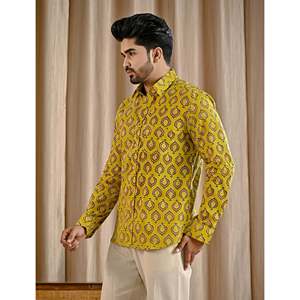 Chemise décontractée en popeline de coton jaune pour homme, respirante, taille XL, à manches courtes et sans col, 100 % coton imprimé - Product Image 4