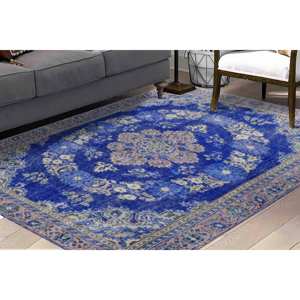 Tapis imprimé : design moderne, tons bleus, motifs orientaux persans, format couloir, avec poils doux - Product Image 1