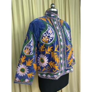 Boho Chic Retro Chic Free Size Robe Hand Embroidered Blue Floral Velvet Suzani <b>Jacket</b> Open Front Winter Coat Soft Free Size Robe - Product Image 3