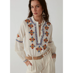 Martina Floral Print <b>Blouse</b> Ecru <b>Satin</b> Linen Loose Fit XL Size Custom Logo for Summer Daily Use - Product Image 2