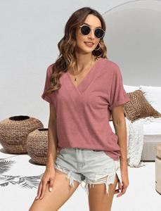 Venta al por mayor mujeres verano Tops moda cuello en V manga corta camisas Casual Dolman manga trajes ropa - Product Image 6