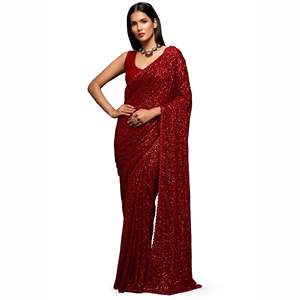Trendmalls Femmes Lourdes Georgette Paillettes Casual Mariage Coupe Régulière Saree Chemisier Non Cousu (K951-Red) Indien Pakistanais - Product Image 1