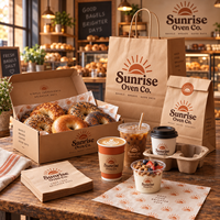 Ensemble d'emballages personnalisés pour boulangerie AT PACK avec sacs en papier, boîtes à gâteaux, gobelets à café, porte-boissons, papier d'emballage et serviettes pour café