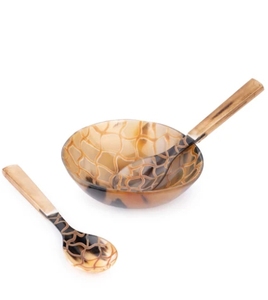 Bol de service à carreaux en corne de buffle naturelle avec cuillère et fourchette ensemble 6 pouces bol de service artisanal décor à la maison vintage - Product Image 2