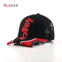 Casquette de baseball noire 4ugear personnalisée à bord festonné contrastant, broderie 3D en relief, strass, casquette snapback rouge, Gorras Streetwear