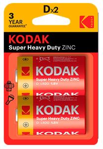 2 unità. Batterie Kodak Super Heavy Duty Zinc Salinas 1,5V R20 D (Blister) - Product Image 1
