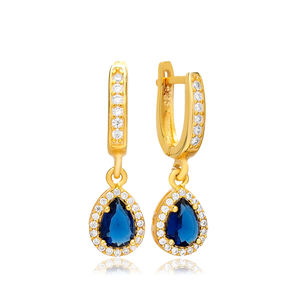 Zirconia cúbica, piedra de zafiro, forma de pera, circonita cúbica, pendiente colgante, joyería turca al por mayor para mujer - Product Image 1