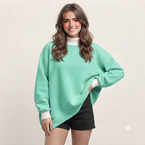 Sweat-shirt oversize à col montant pour femme, style streetwear, vert menthe uni, épaules tombantes, en coton tricoté respirant, pour l'hiver et l'automne - Product Image 1