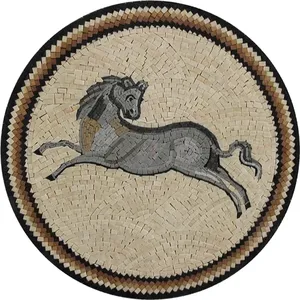 Tan Greco caballo romano escultura mármol mosaico redondo pared y suelo arte azulejo hoja - Product Image 1