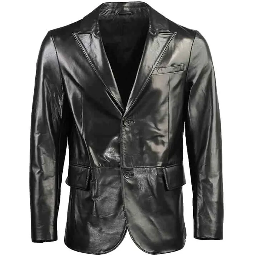 Factory Direct Sales Fashion High Quality Winter Genuine Leather Coats Black With Shine V-neck Men Winter Coats for Men
