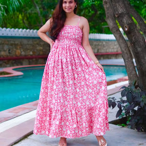 Women's Modest & Cute Floral Print Fit and Flare Maxi <b>Dress</b> <b>Pink</b> & White Square Collar with Sweet Style for Spring - Product Image 1