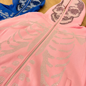 Fabricants de sweats à capuche, sweat à capuche personnalisé avec strass squelette, fermeture éclair intégrale, poids lourd, 100% coton, molleton diamant, fermeture éclair intégrale - Product Image 3