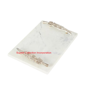 Plateau de service en marbre blanc de meilleure qualité poignées de feuille d'argent plateau décoratif en pierre naturelle fabriqué à la main pour la décoration intérieure - Product Image 1